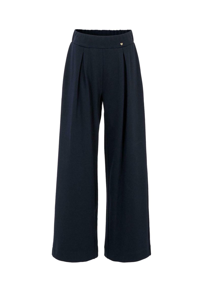 Hoge taille marineblauwe broek met wijde benen, met plooien aan de voorkant en een klein metallic hart detail op de tailleband.