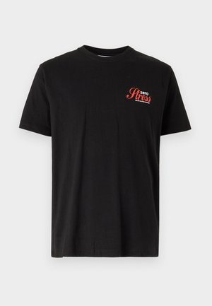 Black cotton t-shirt with short sleeves, round neckline, and a small red and white "zero Stress" graphic on the left chest area.