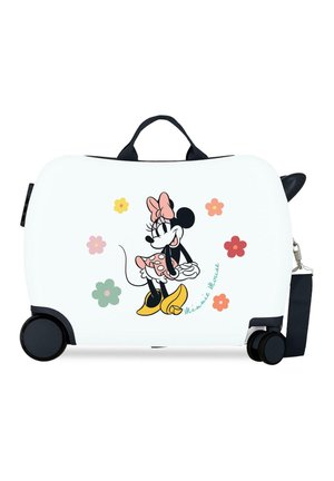 Maleta blanca con ruedas y asa para niño, con un dibujo de Minnie Mouse y flores coloridas en el frente.