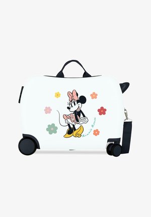 Maleta blanca con ruedas y asa para niño, con un dibujo de Minnie Mouse y flores coloridas en el frente.