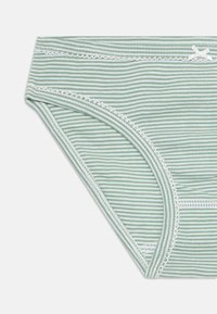 Green and white striped women’s bikini briefs with white lace trim and a small white bow on the waistband.