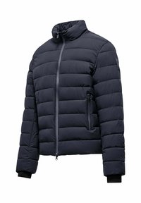Giubbotto puffer blu navy con design trapuntato, colletto alto, zip frontale e tasche laterali. Presenta polsini elasticizzati per una vestibilità aderente.