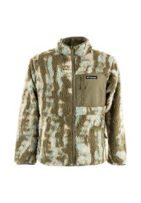 Giacca in pile con motivo camouflage caratterizzata da colori beige, oliva e blu chiaro. Include una tasca sul petto con zip e un design con colletto alto.