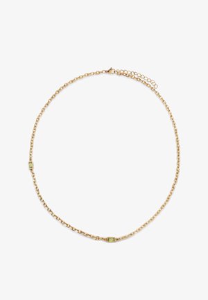 Zarte goldene Halskette mit zwei kleinen rechteckigen hellgrünen Edelsteinen entlang der Kette und einem Karabinerverschluss mit Verlängerung.