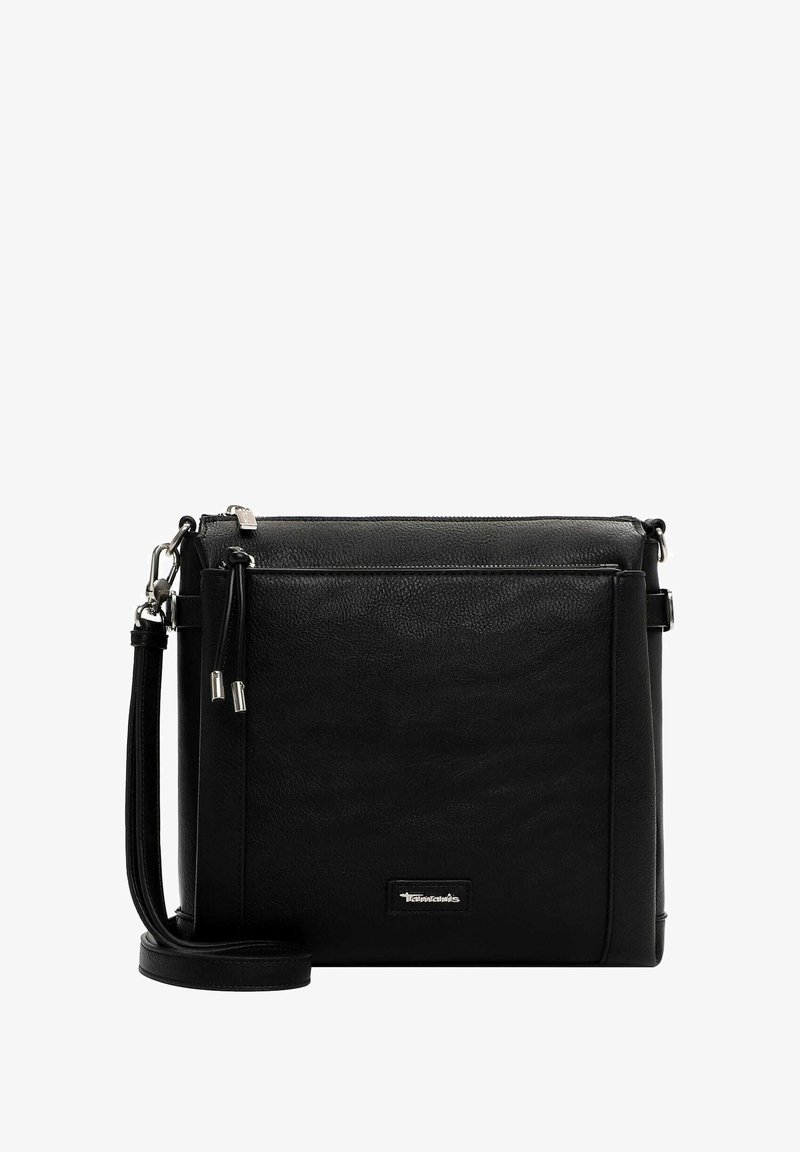 Borsa a tracolla in pelle nera con hardware argentato, chiusura superiore a zip e tracolla regolabile. Presenta una superficie testurizzata e un logo frontale.