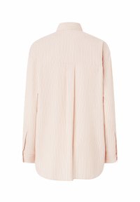 Svijetlo ružičasta prugasta košulja na dugih rukava s ovratnikom i naborom na leđima, izrađena od mekog materijala i ležernog kroja.