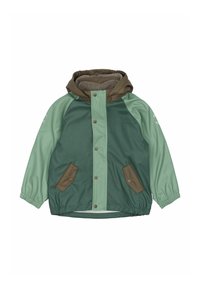 Vattentät jacka med huva, med en blandning av mörkgröna och mintgröna paneler, bruna fickor och elastiska muddar. Mjuk innerfoder.