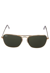 Ray-Ban Sonnenbrille mit einem goldenen Metallrahmen, grünen getönten Gläsern, einer dünnen Brücke und schwarzen Bügelenden. Winkliges Design mit minimalen Details.