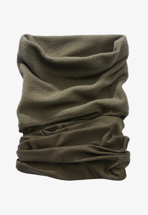 Scaldacollo verde oliva realizzato in morbido pile e tessuto liscio, caratterizzato da un design drappeggiato con molteplici pieghe e una superficie texture.