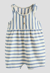 Striped romper in light blue and cream with bow shoulder details, round neckline, and two front buttons. Soft fabric with a relaxed fit.