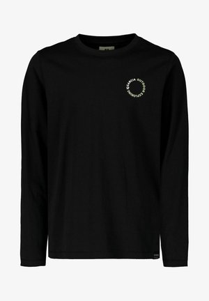 Sort langærmet t-shirt med rund hals og lille cirkulært logo på venstre bryst, hvor der står "Garcia Outdoor Exploring."