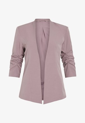Blazer lilla chiaro con design su misura, maniche a tre quarti arricciate e apertura frontale. Tessuto morbido e silhouette minimalista.