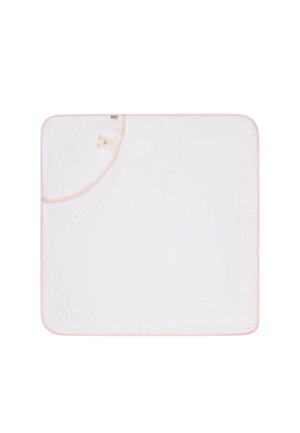 White baby hooded towel with light pink trim and small beige teddy bear embroidery on the hood corner.