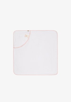 White baby hooded towel with light pink trim and small beige teddy bear embroidery on the hood corner.