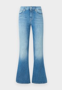 Hellblaue Jeans im Schlagstil mit einem allmählichen Farbverlauf, fünf Taschen und einem Knopfverschluss am Bund. Strukturiertes Material.