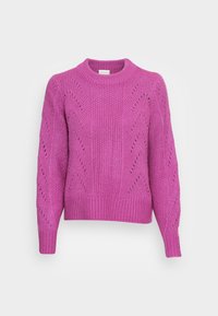 Rosa stickad tröja med rund halsringning, strukturerat mönster och långa ärmar. Har öppet arbete detaljer och ribbad nederkant.