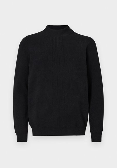 Maglione nero lavorato a maglia con collo alto, maniche lunghe e texture a coste. Design semplice e uniforme con una vestibilità comoda e senza motivi visibili.