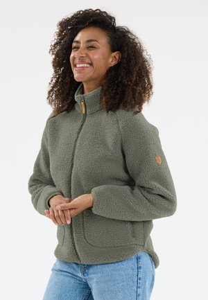 Green fleece jacket with a high collar, full zipper, and front pockets. Features textured fabric and a small logo on the sleeve.