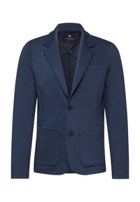 Navyblauer Blazer aus einem strukturierten Stoff mit taillierter Passform, ausgestattet mit einem Reverskragen, zwei Vorderseiten-Taschen und einem Ein-Knopf-Verschluss.