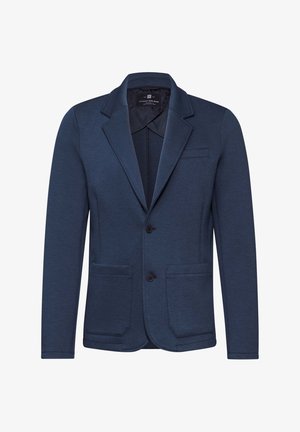 Navyblauer Blazer aus einem strukturierten Stoff mit taillierter Passform, ausgestattet mit einem Reverskragen, zwei Vorderseiten-Taschen und einem Ein-Knopf-Verschluss.