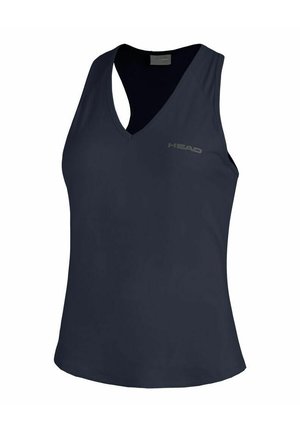 Camiseta deportiva sin mangas de color azul marino con cuello en V y pequeño logo "HEAD" en la parte superior izquierda del pecho.