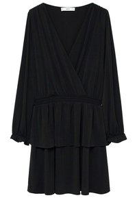 Vestido negro envolvente con mangas largas, cintura elástica y dobladillo de peplum en capas. Fabricado con un tejido ligero y de textura suave.
