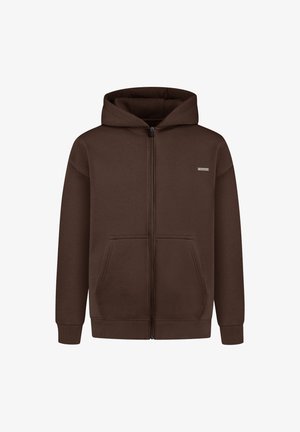 Bruine zip-up hoodie van zacht materiaal, met een kangoeroezak, verstelbare capuchon en ribgebreide mouwen en onderkant. Klein merkje op de borst.