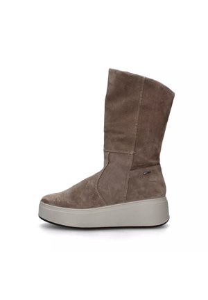 Stivale alla caviglia in suede taupe, con punta rotonda, gambale alto e suola con zeppa nascosta. Presenta cuciture laterali e un discreto logo decorativo.