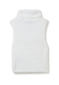 Chaleco blanco sin mangas de cuello alto, hecho de un material suave y esponjoso con textura acanalada, que presenta un diseño limpio y simple.