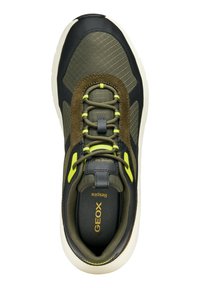 Zapatillas para adultos con una puntera de cuero negro, cuerpo de malla verde oliva, detalles de ante marrón y ojales y logotipo en verde lima. Suela blanca.