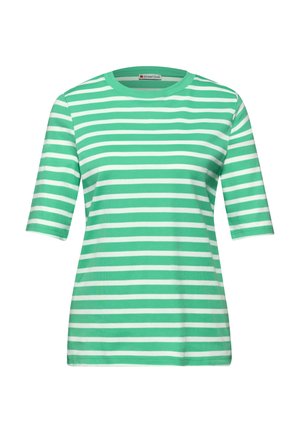 Chemise à manches courtes à rayures horizontales vertes et blanches avec un col rond et une étiquette Street One à l'intérieur du col.