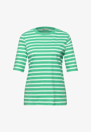 Vihreä- ja valkoraidallinen, pyöreällä kaula-aukolla varustettu lyhythihainen paita, jossa on Street One -merkki kauluksen sisäpuolella.