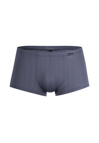 Gray men's boxer briefs made of smooth, elastic fabric with a snug fit, featuring a mid-rise waistband and a reinforced pouch for support.