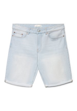 Pantaloncini in denim azzurro chiaro con risvolti, bottone frontale, cerniera, passanti per cintura e cinque tasche, inclusa una tasca portamonete.