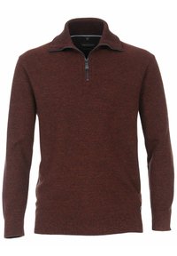 Rustfarbenes Sweater aus strukturiertem Strickstoff mit einem halben Reißverschlusskragen und langen Ärmeln, mit geripptem Saum und Bündchen.