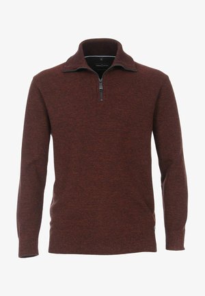 Roestkleurige trui van textuurgebreide stof met een halve ritssluiting, lange mouwen, en een geribde zoom en manchetten.