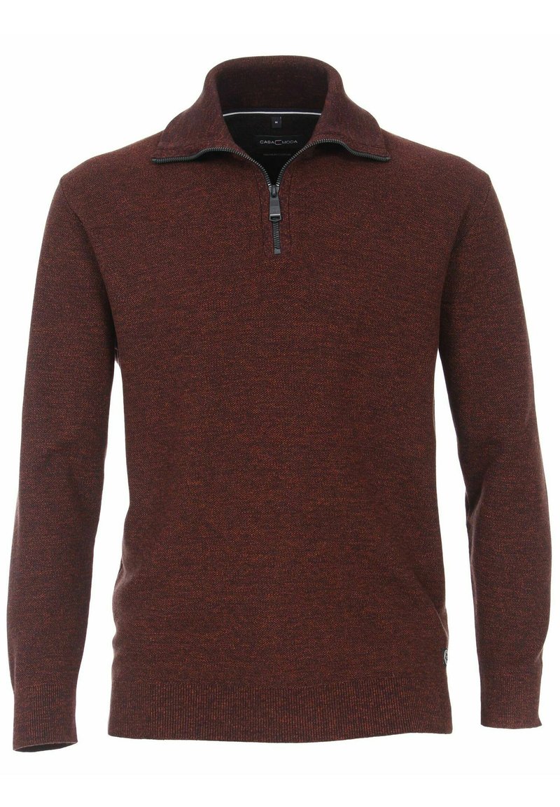 Rustfarbenes Sweater aus strukturiertem Strickstoff mit einem halben Reißverschlusskragen und langen Ärmeln, mit geripptem Saum und Bündchen.
