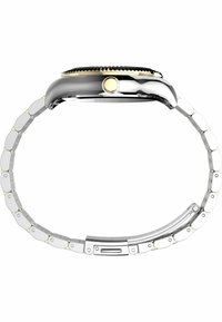 Silver and gold metal watch with a round case, a black bezel, and a textured band featuring oval links and a folding clasp.