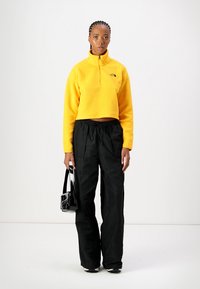 Pull-over en polaire jaune avec un col montant et une demi-fermeture éclair ; associé à un pantalon noir à coupe décontractée. Le mannequin tient un petit sac à main noir.