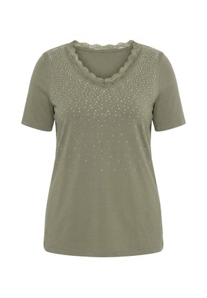 Krátké khaki zelené tričko s výstřihem ve tvaru V zdobeným kraječkou se zubatým okrajem a rozptýlenými malými stříbrnými cvočky na horní přední části.