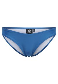 Niebieskie majtki bikini wykonane z gładkiego materiału, z podszewką wewnętrzną, niskim stanem i subtelnym marszczeniem na środku przodu.