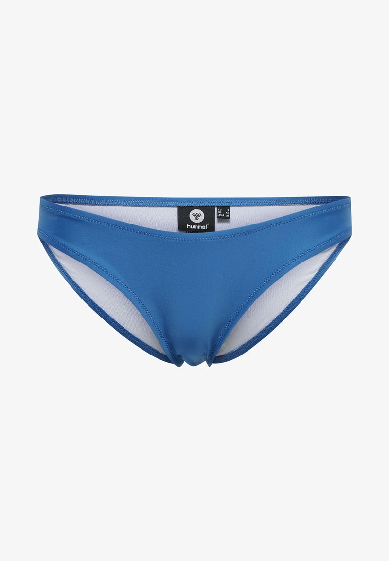 Blaue Bikinischlüpfer aus glattem Stoff, mit gefüttert Innenbereich, niedrigem Bund und dezentem Gathering in der Mitte vorne.