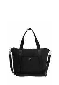 Black synthetic duffel bag with dual top handles and a detachable shoulder strap. Features a textured finish and a front pocket.