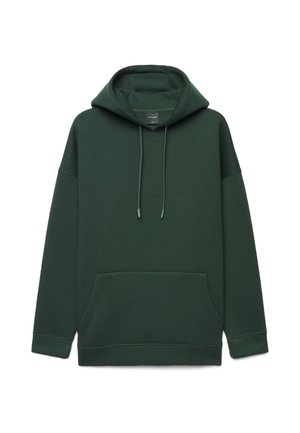 Sweat à capuche vert foncé à enfiler avec poche kangourou sur le devant et cordons sur la capuche, présenté sur fond blanc.