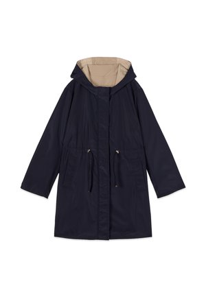 Navyblå hættejakke med beige for, lynlås og trykknaplukning foran, justerbar snøre i taljen og to forlommer.