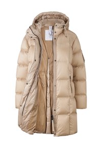 Beige Daunenjacke mit Kapuze, ausgestattet mit gesteppten Abschnitten, Frontreißverschlüssen und verstellbarem Kordelzug. Weiches, glänzendes Nylonmaterial.