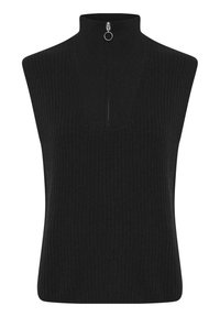 Černý bezrukávový svetr s vysokým límcem, který má čtvrtinový zip a vroubkovanou texturu po celé ploše, což zajišťuje těsné padnutí.