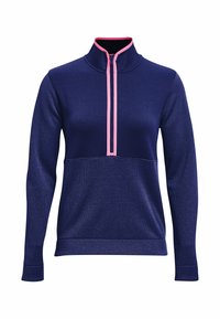 Námořnický pulovr se vzpřímeným límcem, růžovým zipem a texturovaným materiálem. Dlouhé rukávy a kontrastní růžový akcent na výstřihu.