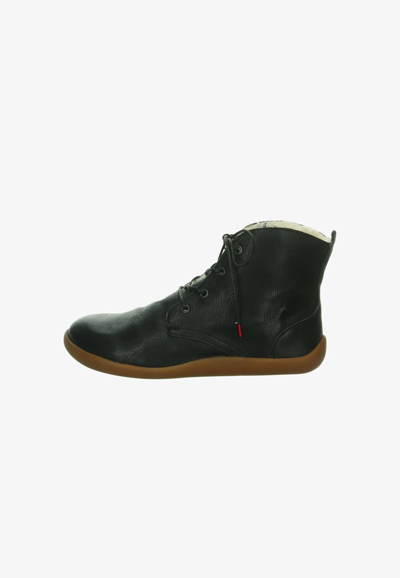 Schwarze Leder-Stiefeletten mit runder Spitze, Schnürung und einer kontrastierenden braunen Gummisohle. Verfügt über eine strukturierte Oberfläche und einen gepolsterten Schaft.