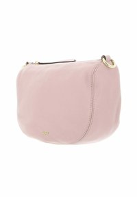 Borsetta a tracolla in pelle rosa con forma arrotondata, dettagli in hardware dorato e cuciture a vista, dotata di chiusura con zip nella parte superiore.